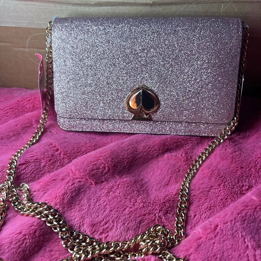 Kate Spade Nicola Shimmer Twistlock Chain Wallet purse Rose Gold NWT Retail$198